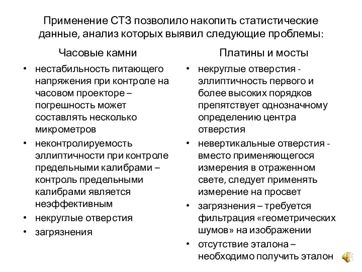 Применение СТЗ позволило накопить статистические данные, анализ которых выявил следующие проблемы: Часовые