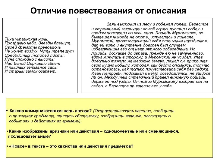 Отличие повествования от описания Заяц выскочил из лесу и побежал полем. Берестов