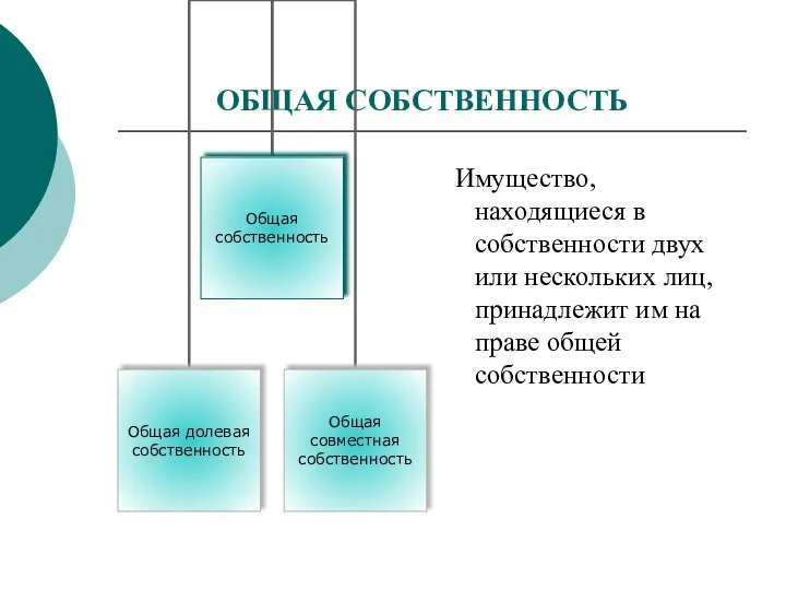 ОБЩАЯ СОБСТВЕННОСТЬ Имущество, находящиеся в собственности двух или нескольких лиц, принадлежит им на праве общей собственности