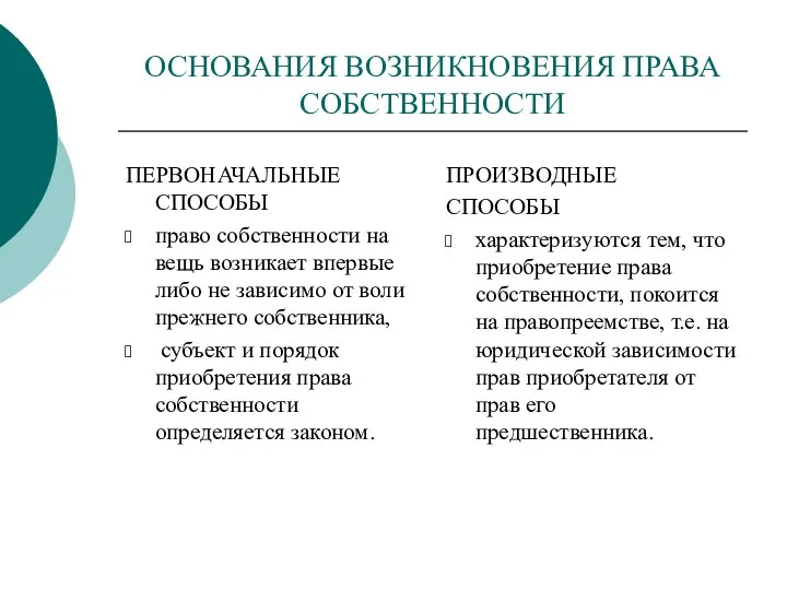 ОСНОВАНИЯ ВОЗНИКНОВЕНИЯ ПРАВА СОБСТВЕННОСТИ ПЕРВОНАЧАЛЬНЫЕ СПОСОБЫ право собственности на вещь возникает впервые