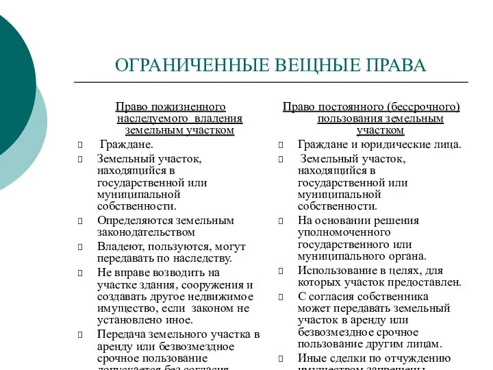 ОГРАНИЧЕННЫЕ ВЕЩНЫЕ ПРАВА Право пожизненного наследуемого владения земельным участком Граждане. Земельный участок,