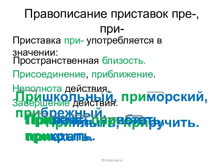 Приплыть, приручить. Неполнота действия. Правописание приставок пре-, при- Приставка при- употребляется в