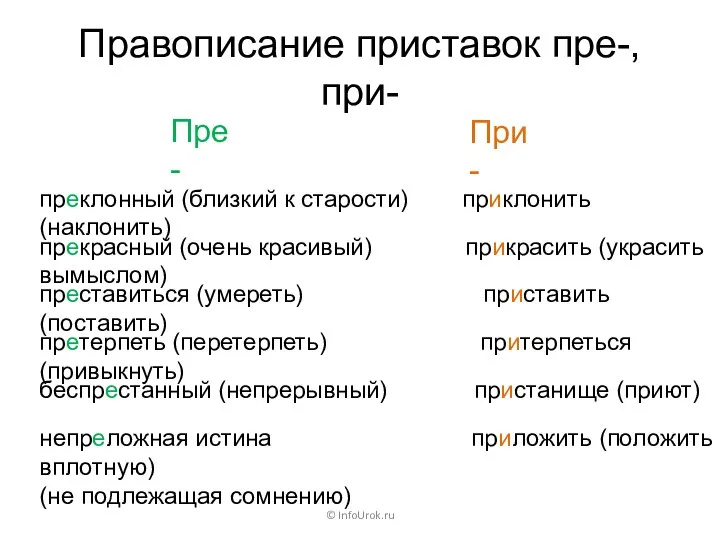 Правописание приставок пре-, при- Пре- © InfoUrok.ru претерпеть (перетерпеть) притерпеться (привыкнуть) При-