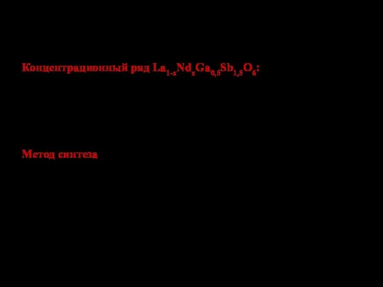 ОБЪЕКТЫ ИССЛЕДОВАНИЯ Концентрационный ряд La1-xNdxGa0,5Sb1,5O6: La0,99Nd0,01Ga0,5Sb1,5O6, La0,97Nd0,03Ga0,5Sb1,5O6, La0,93Nd0,07Ga0,5Sb1,5O6, La0,9Nd0,1Ga0,5Sb1,5O6, La0,85Nd0,15Ga0,5Sb1,5O6. Метод синтеза