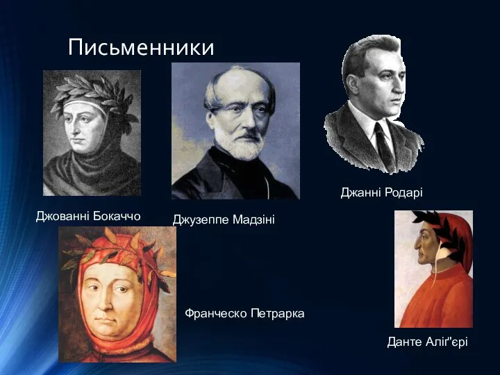 Письменники Джованні Бокаччо Джузеппе Мадзіні Джанні Родарі Данте Аліґ'єрі Франческо Петрарка