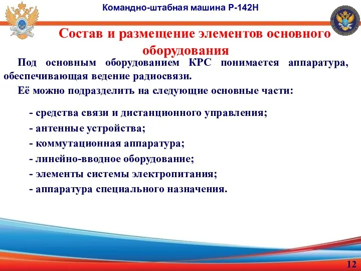 Состав и размещение элементов основного оборудования Командно-штабная машина Р-142Н Под основным оборудованием