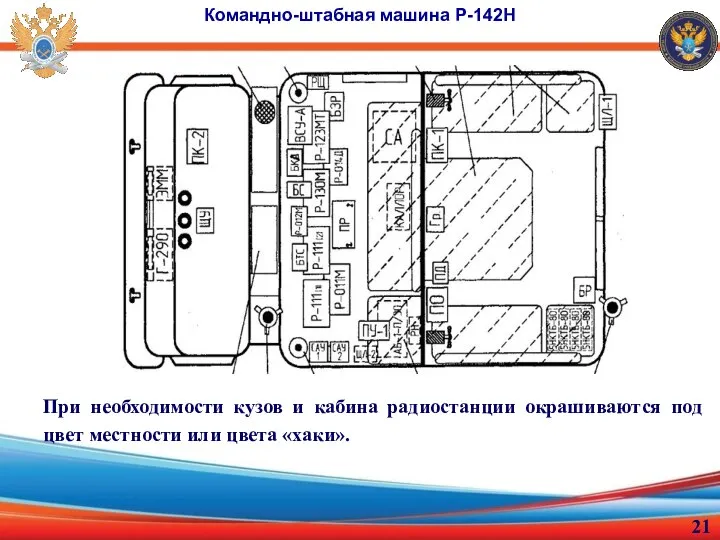 Командно-штабная машина Р-142Н При необходимости кузов и кабина радиостанции окрашиваются под цвет местности или цвета «хаки».