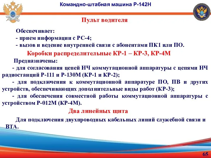 Командно-штабная машина Р-142Н Пульт водителя Предназначены: - для согласования цепей НЧ коммутационной