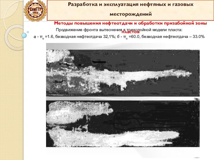 Продвижение фронта вытеснения в трехслойной модели пласта: а - πо =1.6, безводная