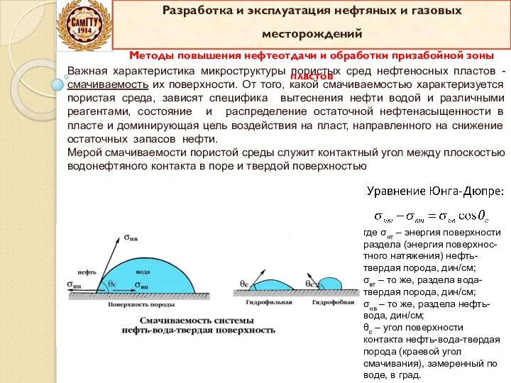 Важная характеристика микроструктуры пористых сред нефтеносных пластов - смачиваемость их поверхности. От