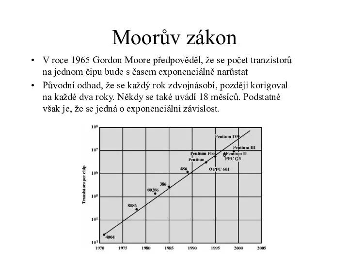 Moorův zákon V roce 1965 Gordon Moore předpověděl, že se počet tranzistorů