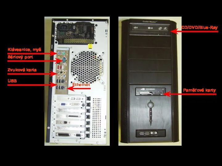 Klávesnice, myš Sériový port Zvuková karta USB Ethernet CD/DVD/Blue-Ray Paměťové karty