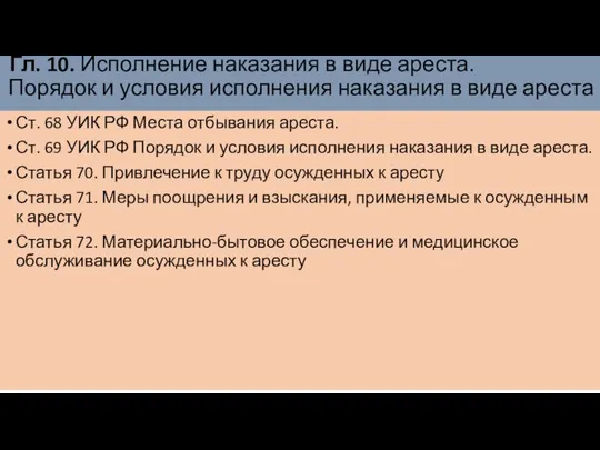 Гл. 10. Исполнение наказания в виде ареста. Порядок и условия исполнения наказания