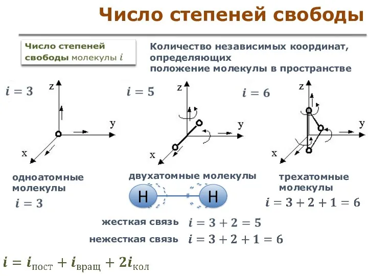 Число степеней свободы Количество независимых координат, определяющих положение молекулы в пространстве одноатомные