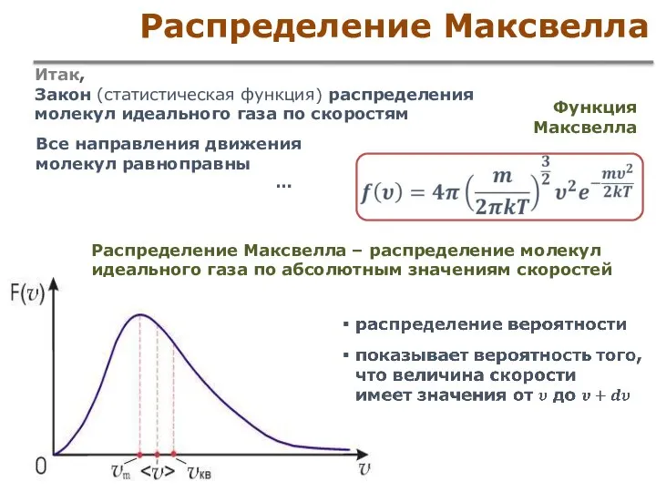 Распределение Максвелла Итак, Закон (статистическая функция) распределения молекул идеального газа по скоростям