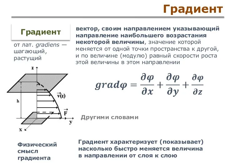 Градиент Градиент характеризует (показывает) насколько быстро меняется величина в направлении от слоя
