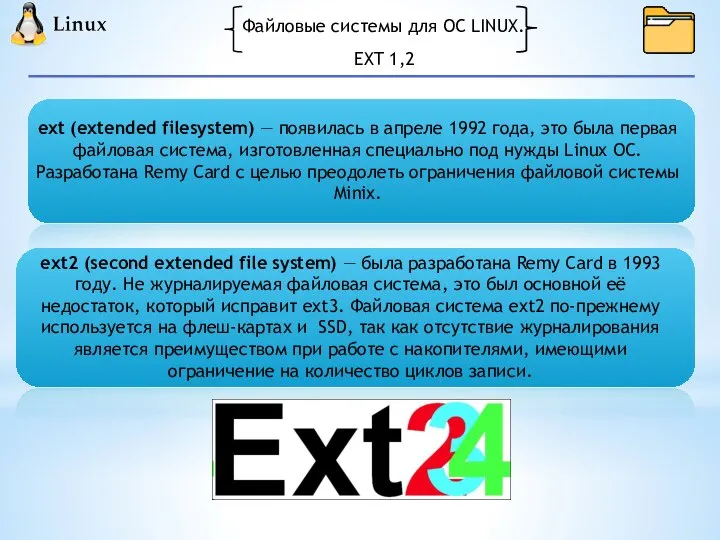 Файловые системы для ОС LINUX. ext (extended filesystem) — появилась в апреле