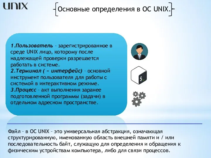 Основные определения в OC UNIX. 1.Пользователь – зарегистрированное в среде UNIX лицо,