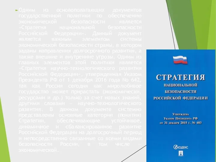 Одним из основополагающих документов государственной политики по обеспечению экономической безопасности является «Стратегия