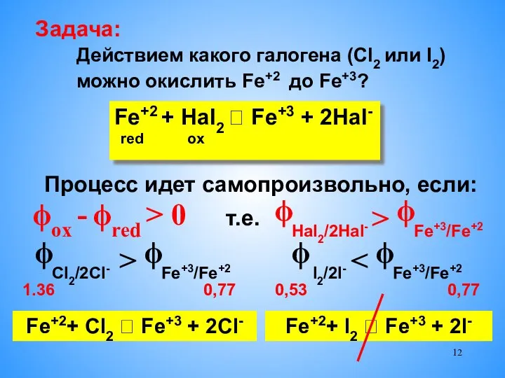 Действием какого галогена (Cl2 или I2) можно окислить Fe+2 до Fe+3? Процесс