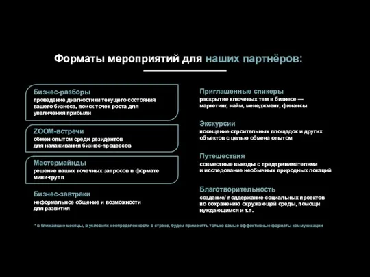 Форматы мероприятий для наших партнёров: Бизнес-разборы проведение диагностики текущего состояния вашего бизнеса,