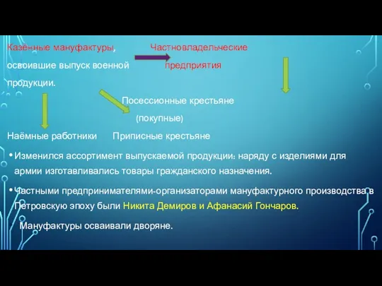 Казённые мануфактуры, Частновладельческие освоившие выпуск военной предприятия продукции. Посессионные крестьяне (покупные) Наёмные