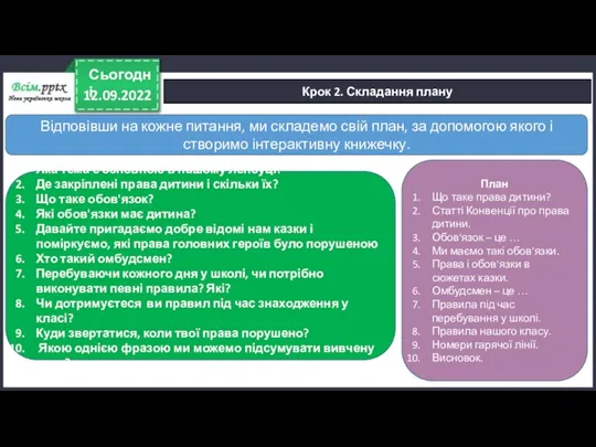 12.09.2022 Сьогодні Крок 2. Складання плану Яка тема є основною в нашому