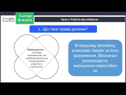 12.09.2022 Сьогодні Крок 3. Робота над лепбуком Що таке права дитини? Права