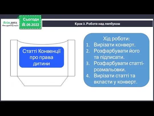 12.09.2022 Сьогодні Крок 3. Робота над лепбуком Хід роботи: Вирізати конверт. Розфарбувати