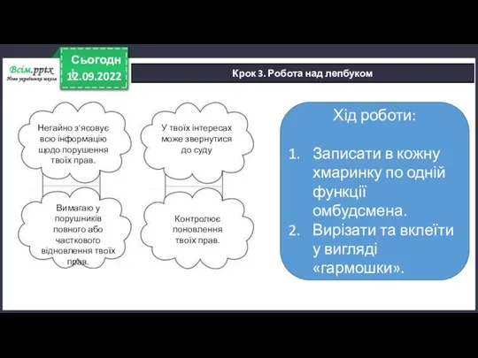 12.09.2022 Сьогодні Крок 3. Робота над лепбуком Хід роботи: Записати в кожну