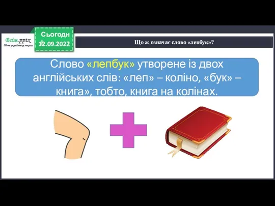 12.09.2022 Сьогодні Що ж означає слово «лепбук»? Слово «лепбук» утворене із двох