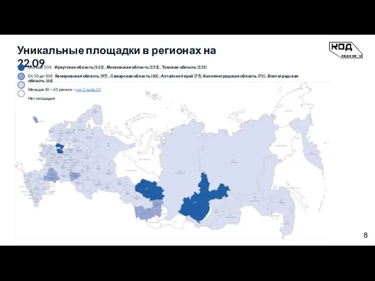 Уникальные площадки в регионах на 22.09 Больше 100: Иркутская область (161) ,