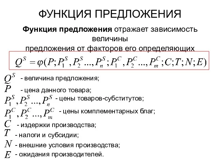 ФУНКЦИЯ ПРЕДЛОЖЕНИЯ Функция предложения отражает зависимость величины предложения от факторов его определяющих