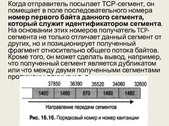 Когда отправитель посылает ТСР-сегмент, он помещает в поле последовательного номера номер первого