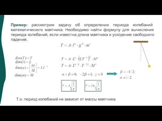 Пример: рассмотрим задачу об определении периода колебаний математического маятника. Необходимо найти формулу