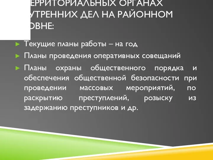 В ТЕРРИТОРИАЛЬНЫХ ОРГАНАХ ВНУТРЕННИХ ДЕЛ НА РАЙОННОМ УРОВНЕ: Текущие планы работы –