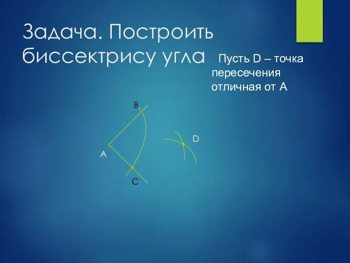 Задача. Построить биссектрису угла Пусть D – точка пересечения отличная от А B С D А