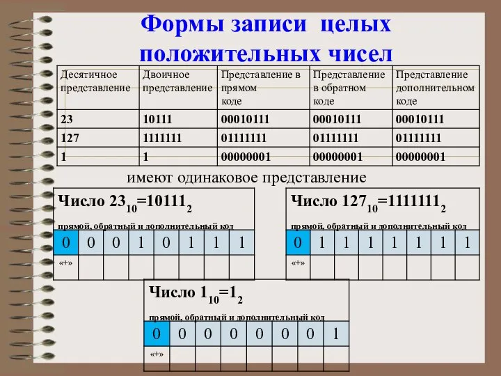 Формы записи целых положительных чисел имеют одинаковое представление