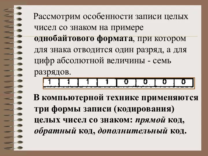 Рассмотрим особенности записи целых чисел со знаком на примере однобайтового формата, при