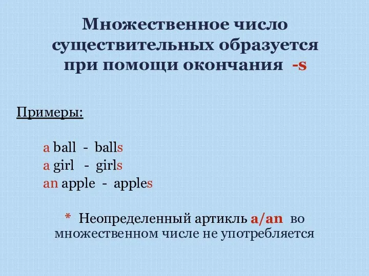 Множественное число существительных образуется при помощи окончания -s Примеры: a ball -