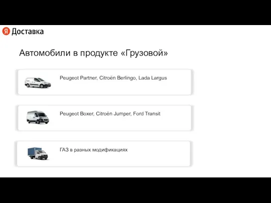 Автомобили в продукте «Грузовой» Peugeot Partner, Citroën Berlingo, Lada Largus Peugeot Boxer,