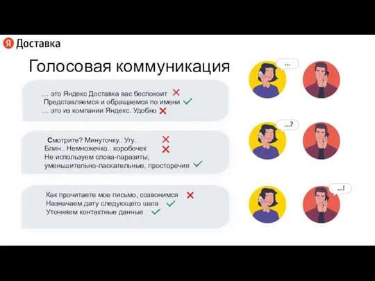 Голосовая коммуникация … это Яндекс Доставка вас беспокоит Представляемся и обращаемся по