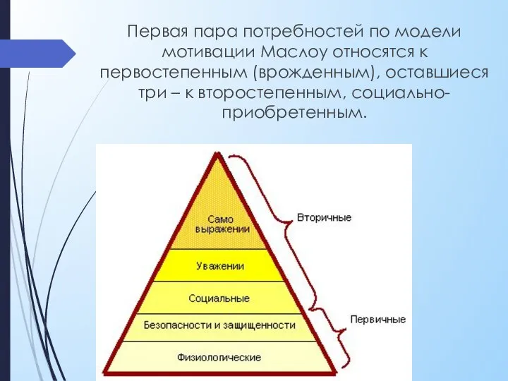 Первая пара потребностей по модели мотивации Маслоу относятся к первостепенным (врожденным), оставшиеся