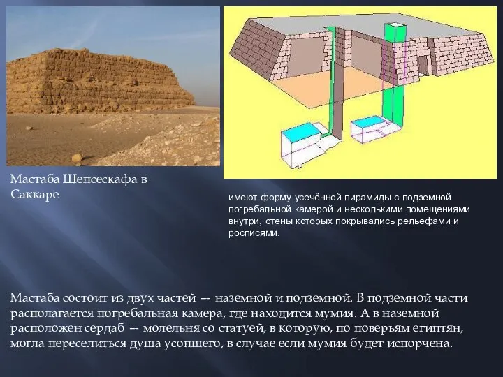 Мастаба состоит из двух частей — наземной и подземной. В подземной части