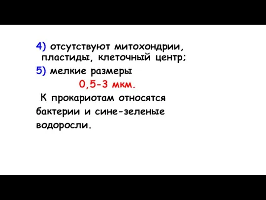 4) отсутствуют митохондрии, пластиды, клеточный центр; 5) мелкие размеры 0,5-3 мкм. К