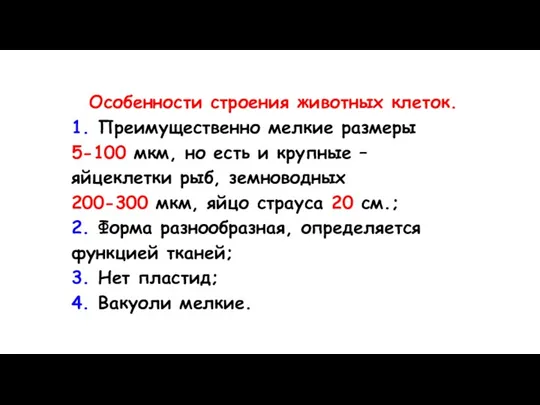 Особенности строения животных клеток. 1. Преимущественно мелкие размеры 5-100 мкм, но есть