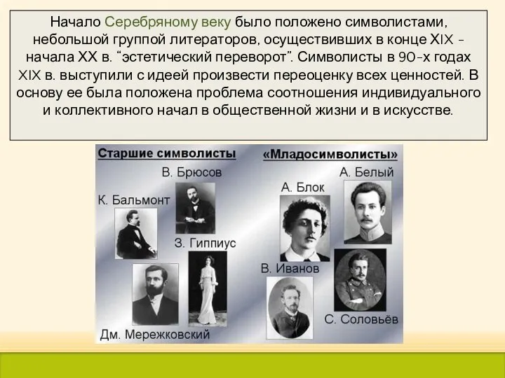 Начало Серебряному веку было положено символистами, небольшой группой литераторов, осуществивших в конце