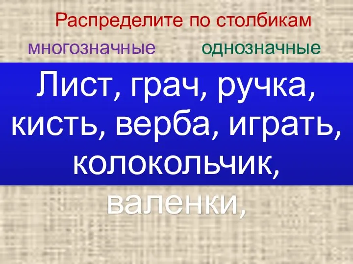 Лист, грач, ручка, кисть, верба, играть, колокольчик, валенки, Распределите по столбикам многозначные однозначные