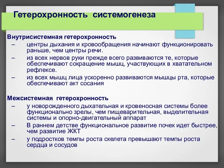 Гетерохронность системогенеза Внутрисистемная гетерохронность центры дыхания и кровообращения начинают функционировать раньше, чем