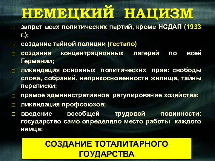 НЕМЕЦКИЙ НАЦИЗМ запрет всех политических партий, кроме НСДАП (1933 г.); создание тайной